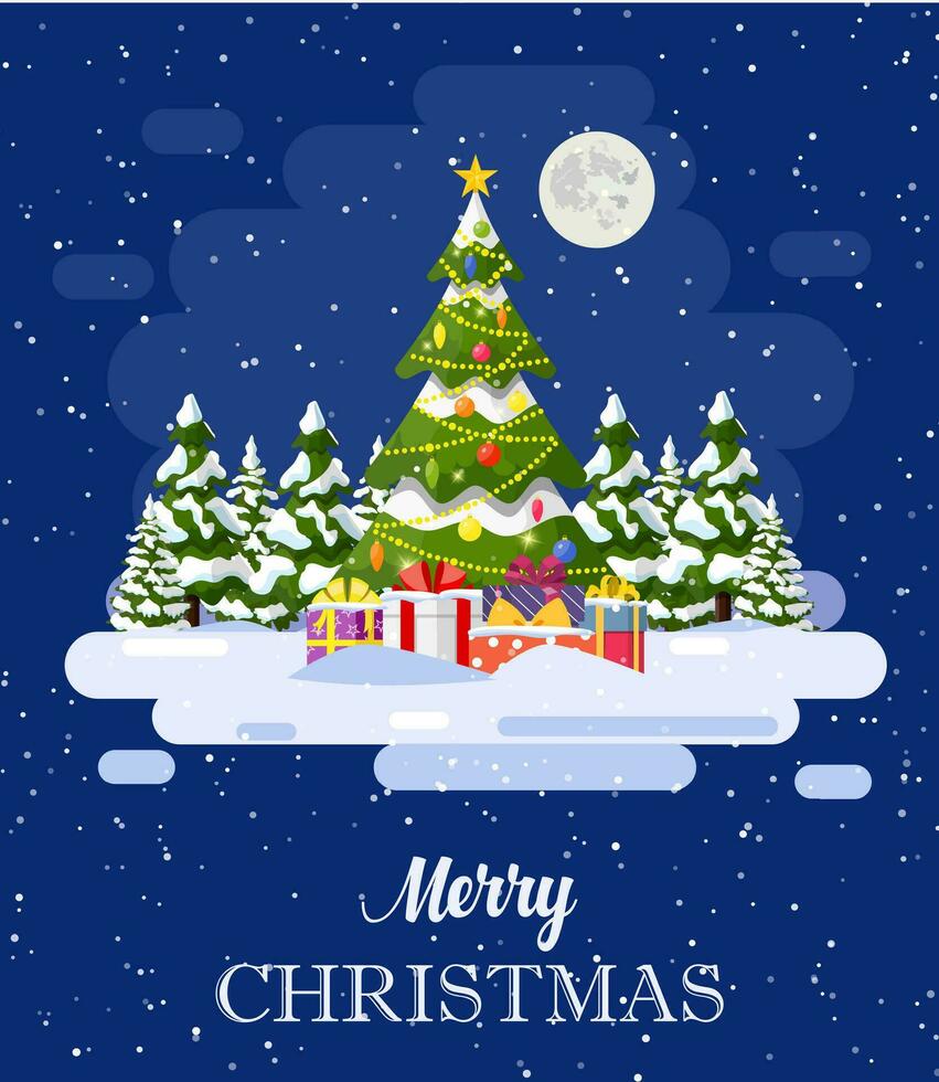 jul landskap bakgrund med jul träd med gifbox. glad jul Semester. ny år och xmas firande. vektor illustration i platt stil