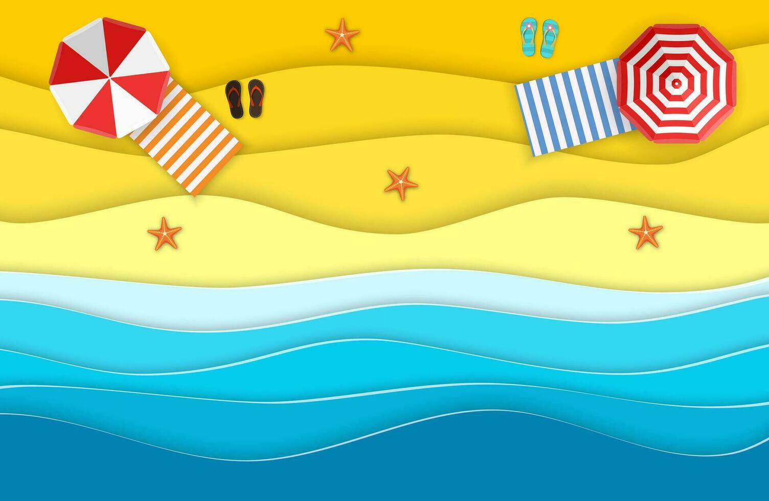 Meer Landschaft mit Strand, Wellen, Flip Flops Schuh. Papier Schnitt aus Digital Kunst Stil. abstrakt Blau Meer und Strand Sommer- Hintergrund mit Papier Wellen und Küste. Vektor Illustration
