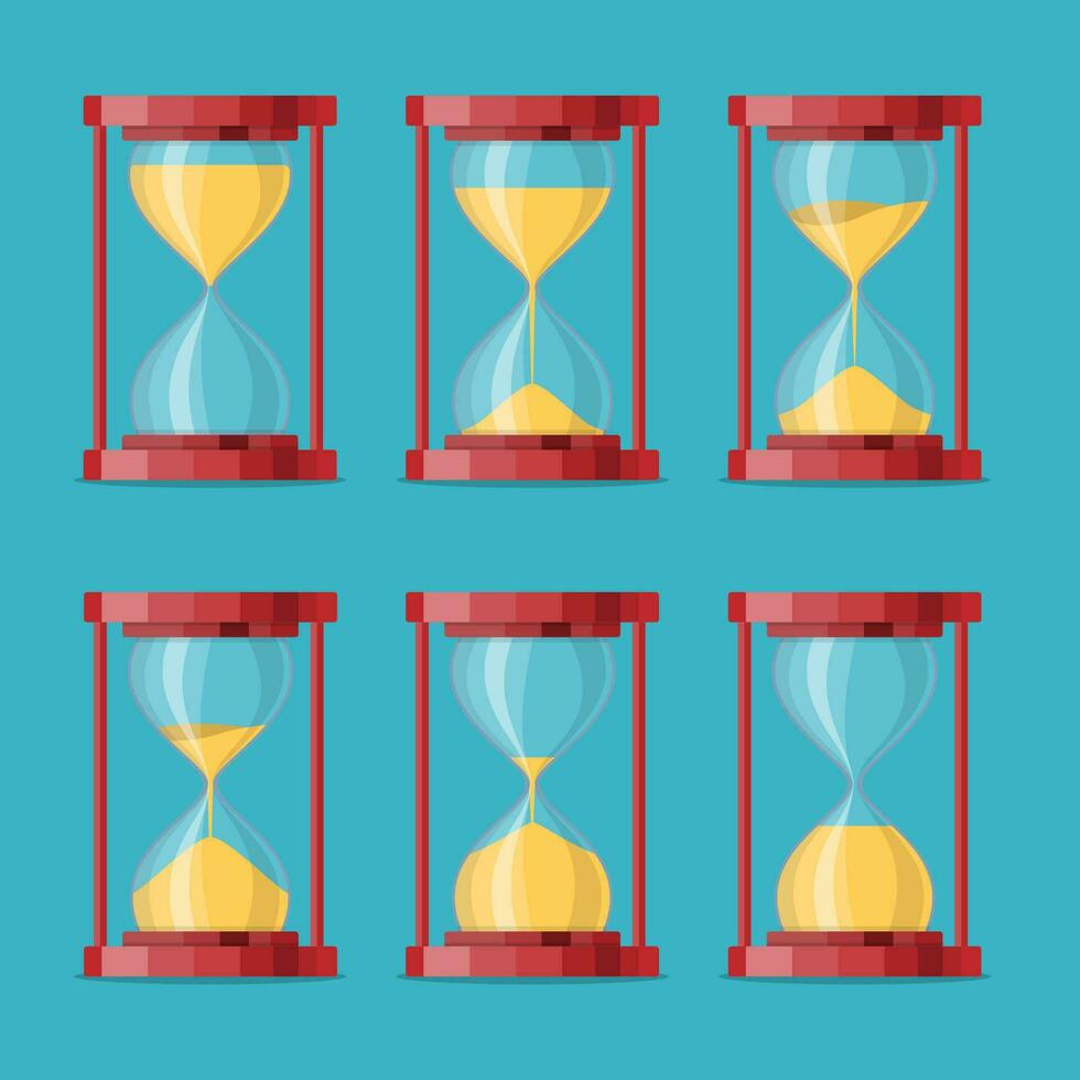 transparent Sanduhr Symbol. Zeit Sanduhr. Antiquität Sand Uhr Sprite Blatt Animation. Sand Timer Satz. Vektor Illustration im eben Stil