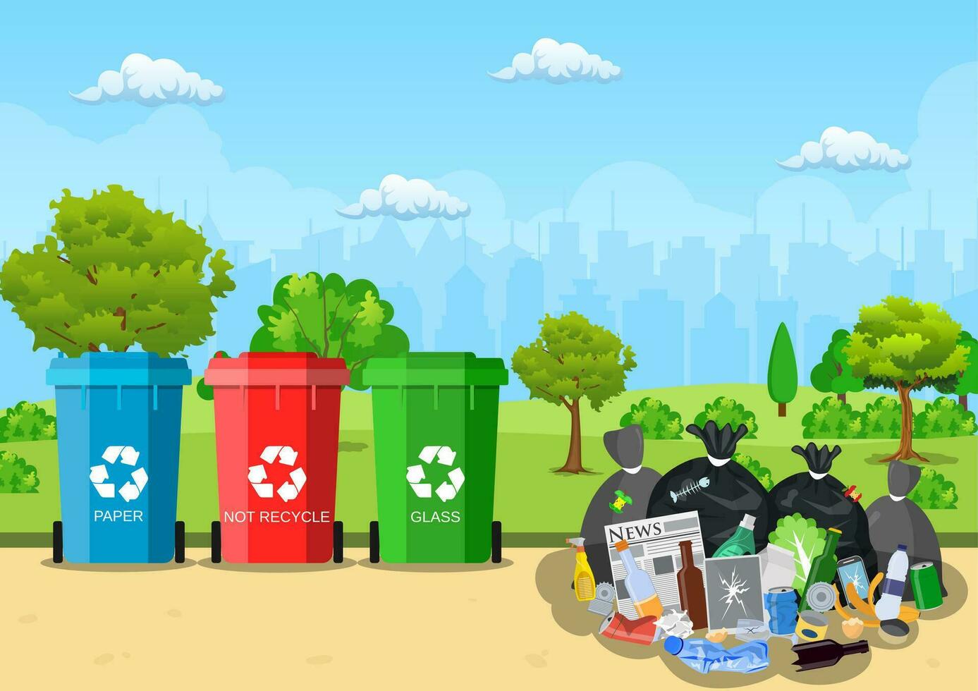 sopor dumpa med skräp bin för återvinning i parkera. annorlunda typer av avfall. skräp om på de gata. vektor illustration i platt stil