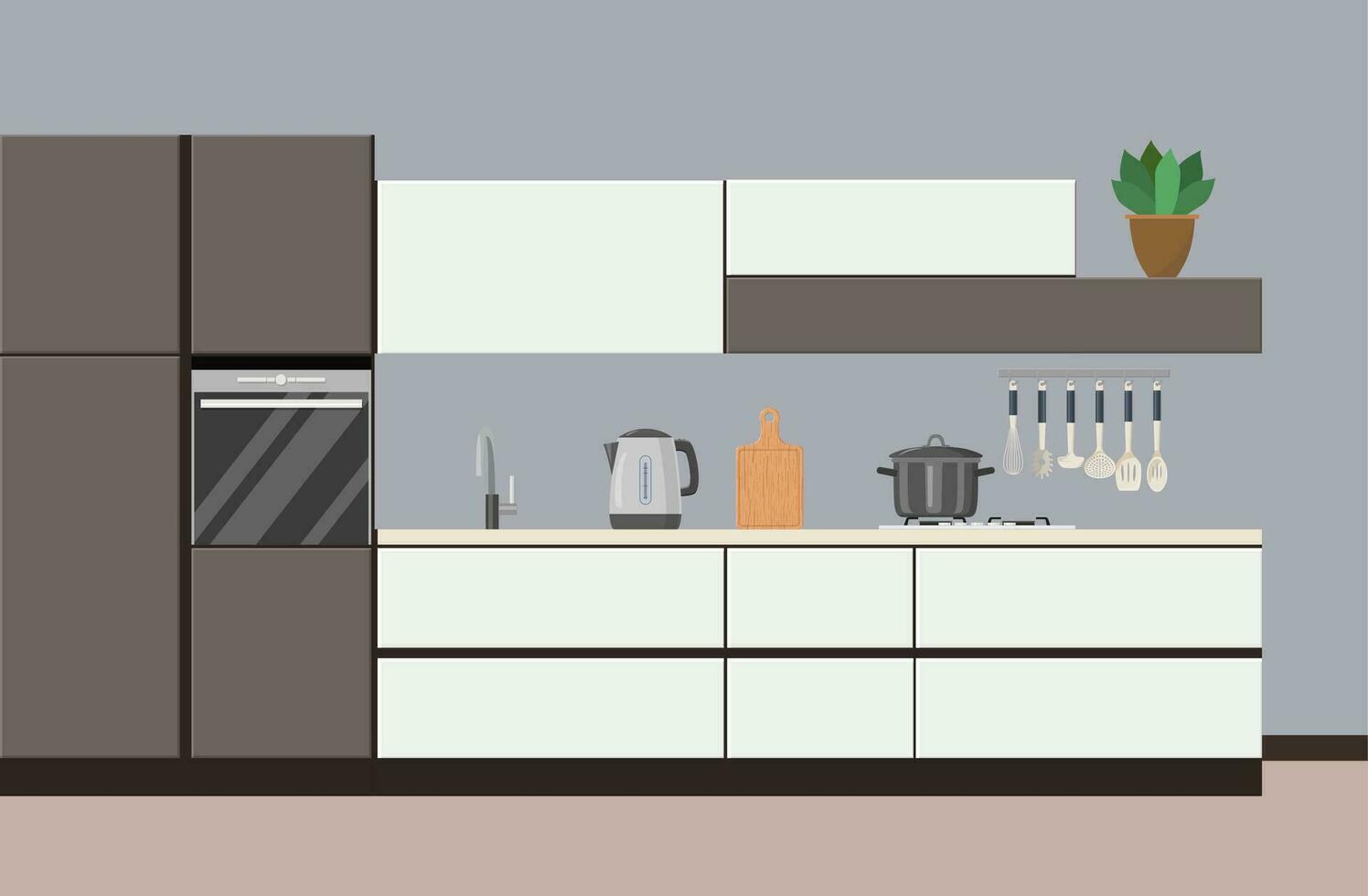modern Küche Innere mit Möbel und Kochen Geräte. Grafik Design Vorlage. Arbeiten Oberfläche zum Kochen. Vektor Illustration im eben Design