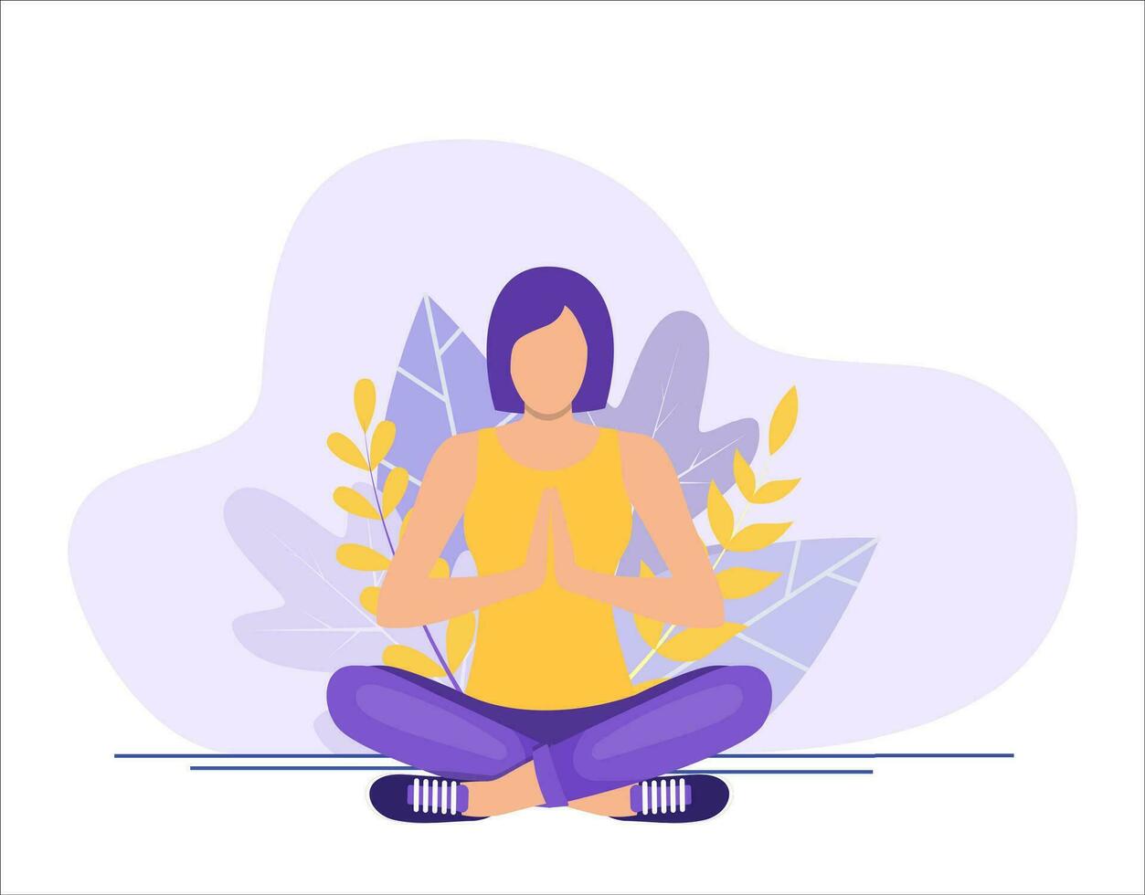 jung Frau Sitzung im Yoga Lotus Pose. Konzept von Meditation, das Gesundheit Leistungen zum das Körper, Verstand und Emotionen. Beginn und das Suche zum Ideen. Vektor Illustration im eben Stil