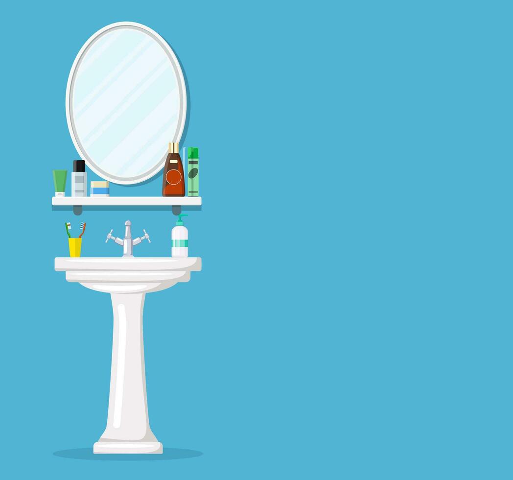 Badezimmer sinken mit Spiegel, kosmetisch Flaschen, Krug von Creme, Flüssigkeit Seife, Zahnpasta und Zahnbürste. Teil von Badezimmer Innere. Vektor Illustration im eben Stil