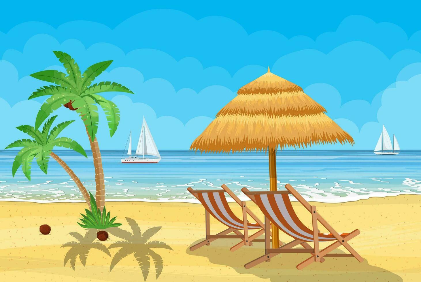 paradis strand av de hav med yachter och handflatan träd. tropisk ö tillflykt. vektor illustration i platt stil