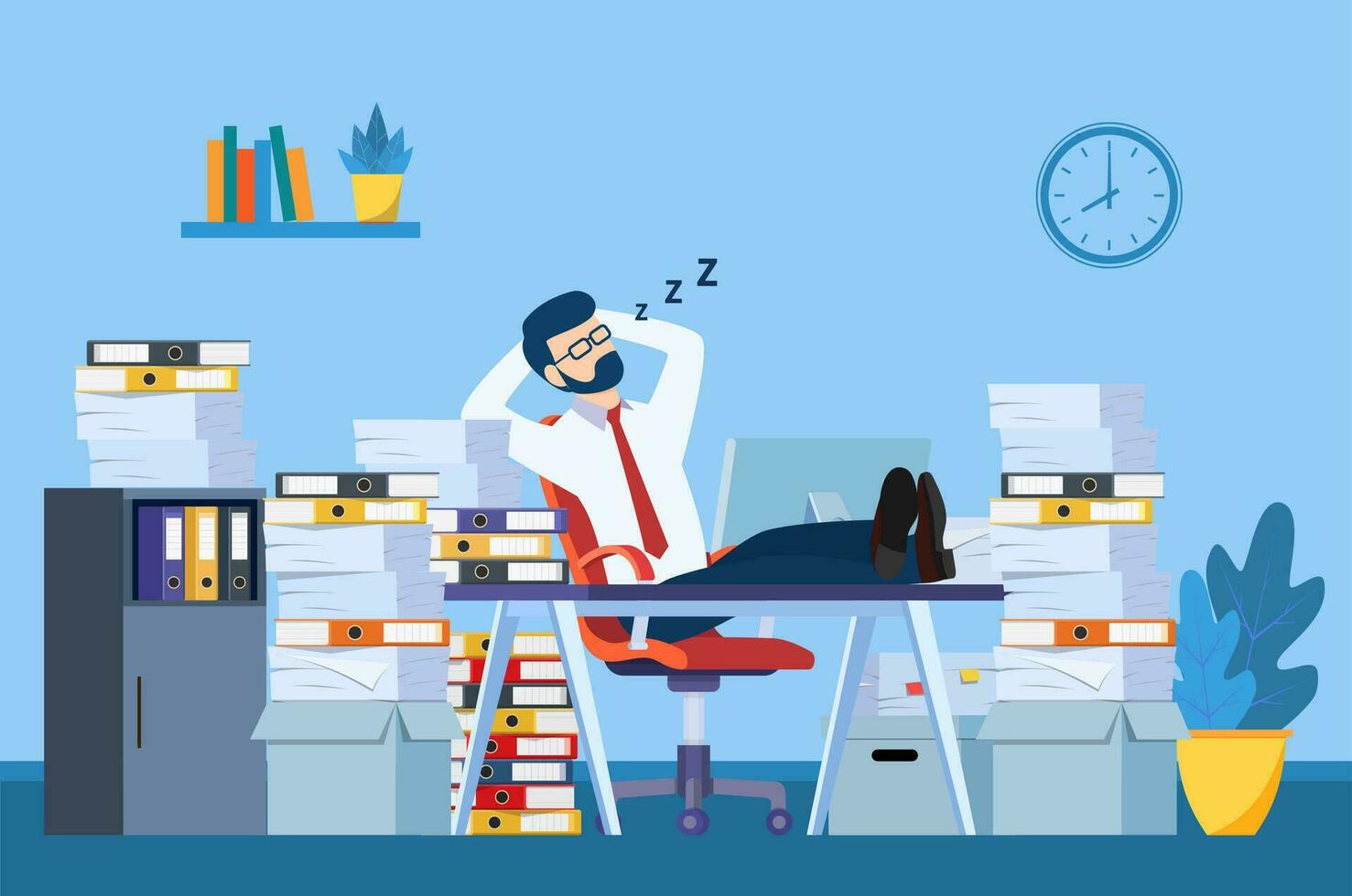 Geschäft Mann ist Schlafen beim seine Arbeitsplatz Schreibtisch während Arbeiten Std mit das Haufen von Papier dokumentieren um. zögern und verschwenden Zeit Konzept. Vektor Illustration im eben Stil