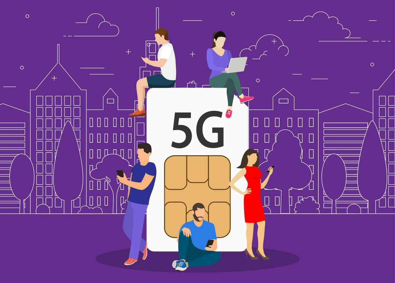 5g Technologie Konzept. können verwenden zum Netz Banner, Infografiken. Netzwerke Menschen Konzept Männer und Frauen mit hoch Geschwindigkeit kabellos Verbindung 5g. Vektor Illustration im eben Stil