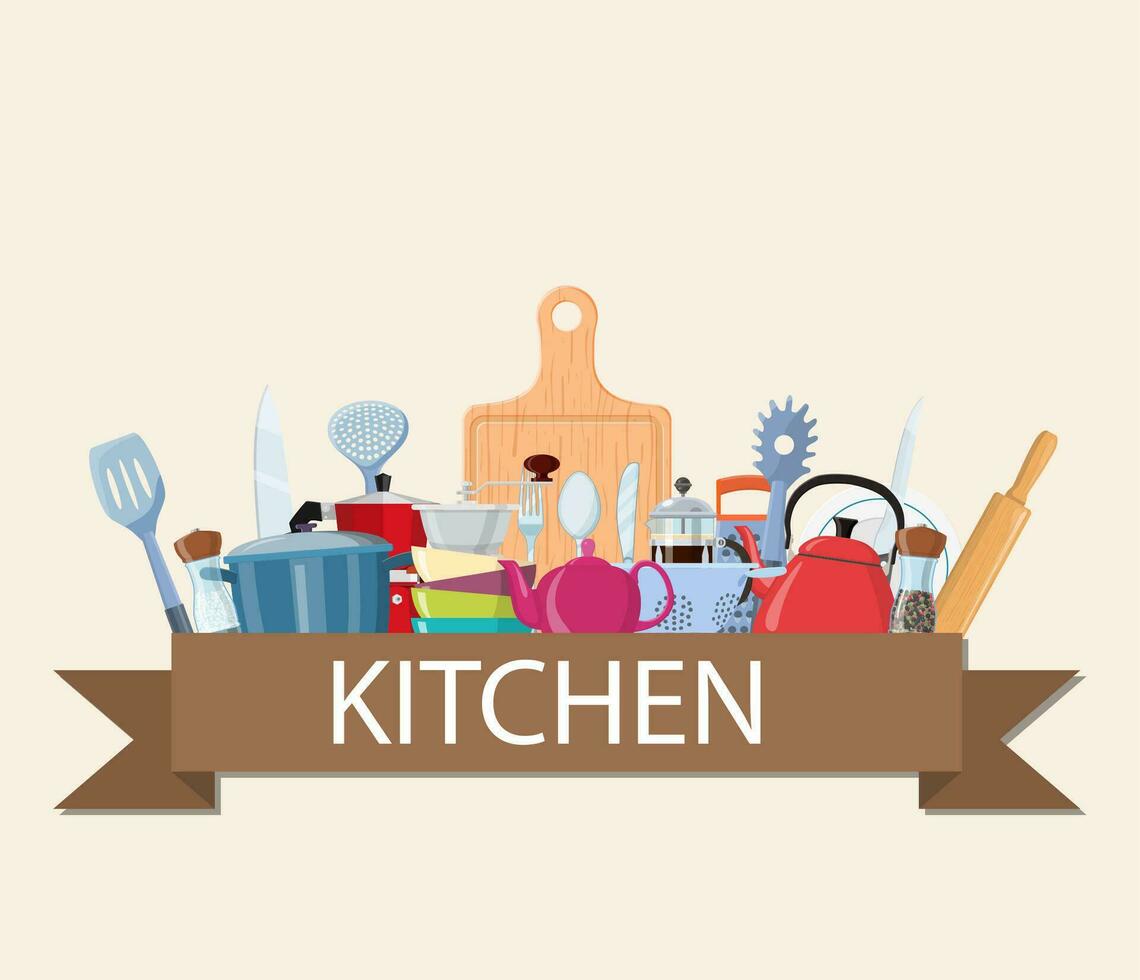 Küche Konzept zum Netz Design. Küche liefert Satz. Restaurant Speisekarte, Geschirr Elemente. Vektor Illustration im eben Stil.