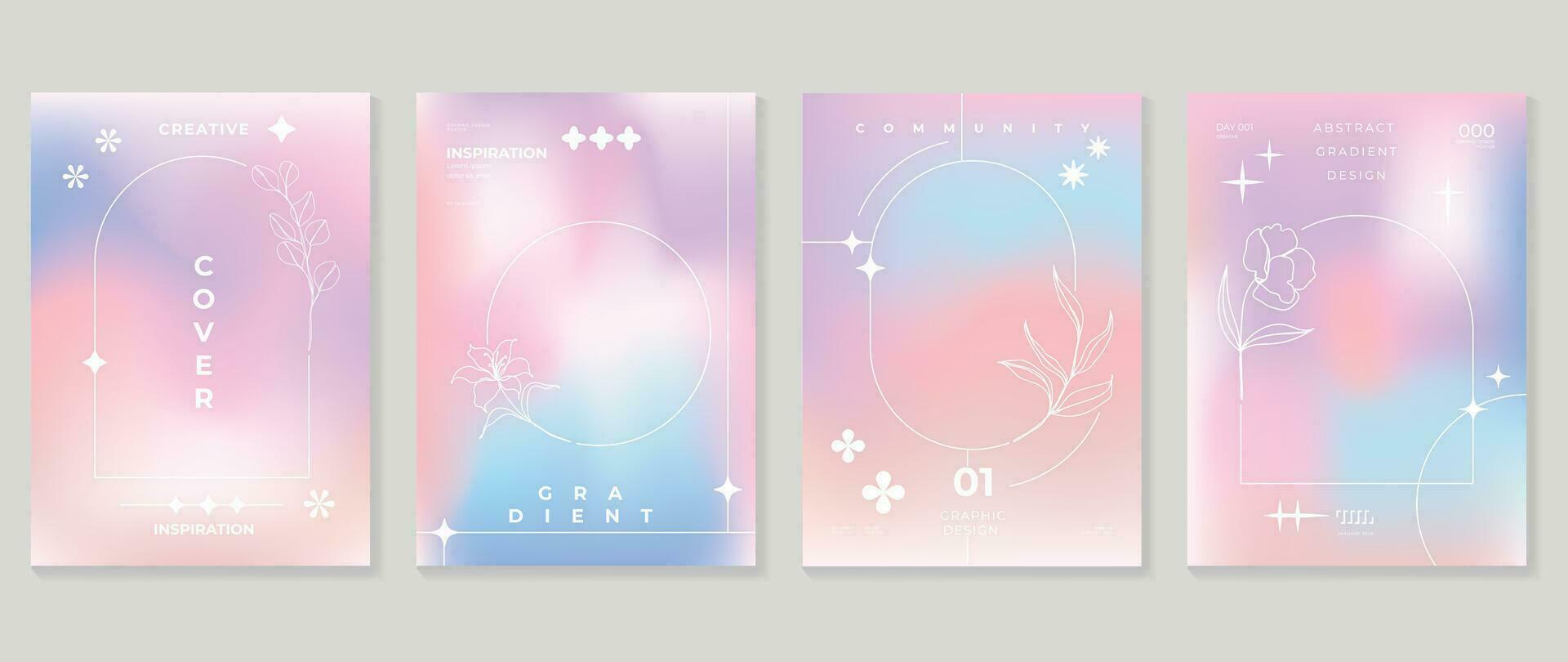 ästhetisch Poster Design Satz. süß Gradient holographisch Hintergrund Vektor mit Pastell- Farben, Blume, geometrisch Form. Schönheit Ideal Design zum Sozial Medien, kosmetisch Produkt, fördern, Banner, Anzeigen.