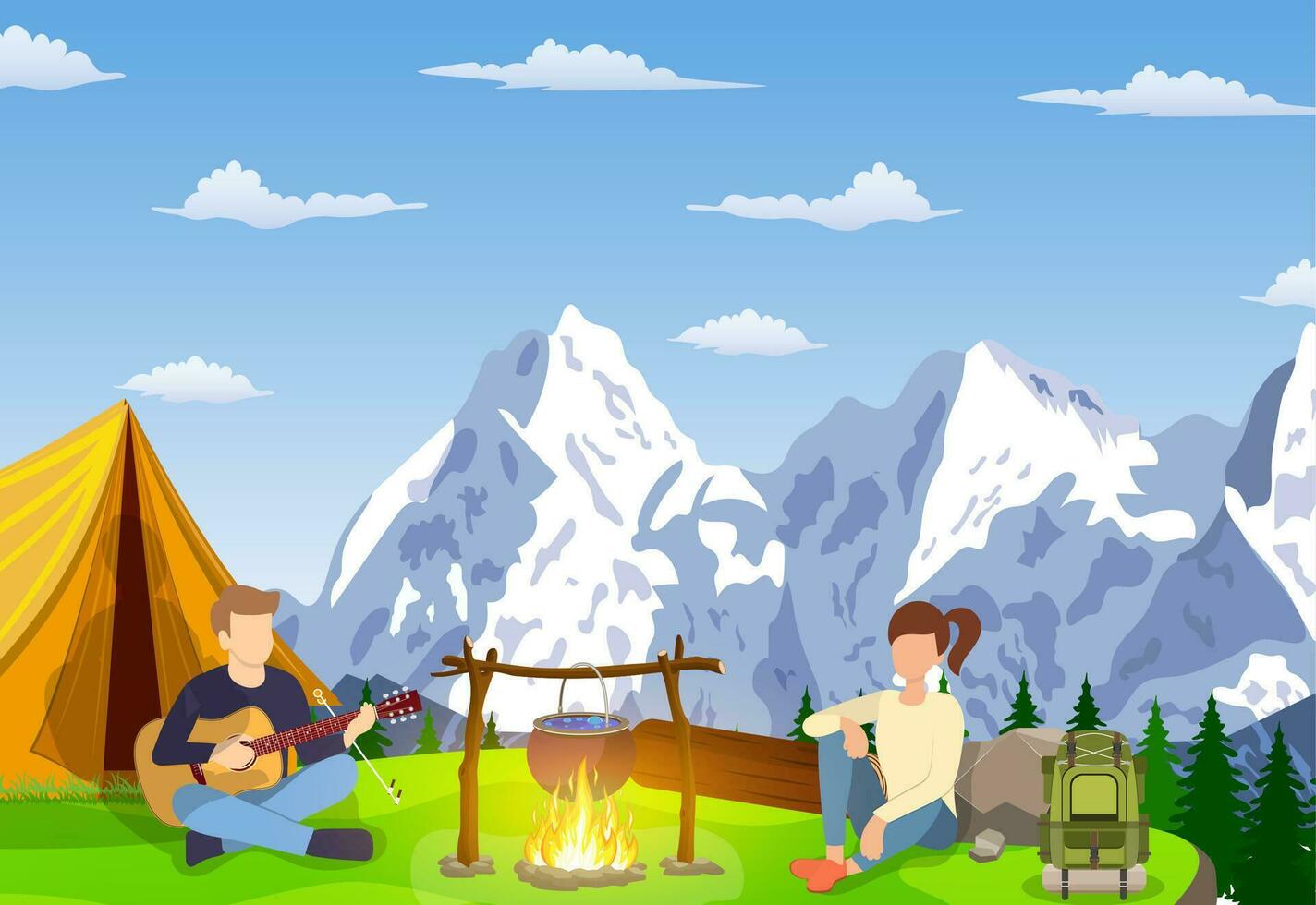 Gruppe von jung Menschen sind Sitzung um Lagerfeuer. jung Touristen, Camper Karikatur Figuren. Mann spielen Gitarre. Vektor Illustration im eben Stil