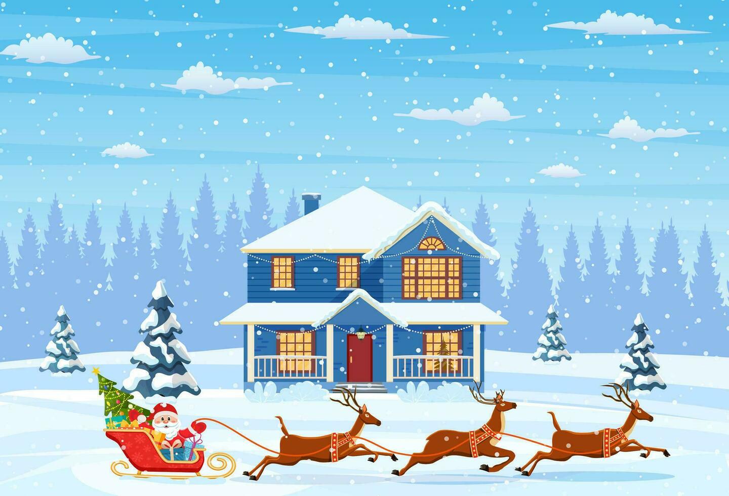 ein Haus im ein schneebedeckt Weihnachten Landschaft. Santa claus auf ein Schlitten. Konzept zum Gruß oder Post- Karte. fröhlich Weihnachten Urlaub. Neu Jahr und Weihnachten Feier vektor