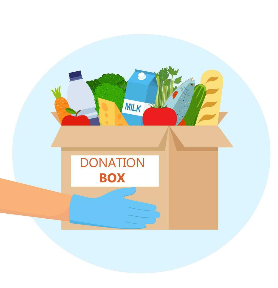 Essen Spende zu Personen. humanitär Hilfe Anwendung. Nächstenliebe Freiwillige halten ein Spende Box mit Lebensmittel. Konzept von Freiwilligenarbeit und Wohltätigkeit. Vektor Illustration im eben Stil.