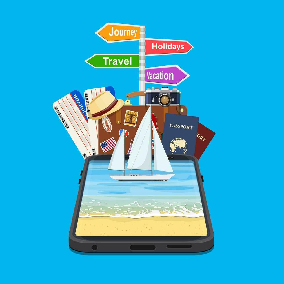 online Urlaub Reise Handy, Mobiltelefon App Konzept. geeignet zum Hintergrund, Banner, Hintergrund, Wegweiser Urlaub, reisen, Reise, Feiertage. Vektor Illustration im eben Stil