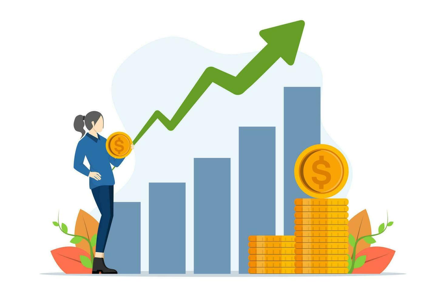 erfolgreich Investition Konzept, erfolgreich Geschäft Person halten Münzen auf ein steigend Graph. Erfolg, Ideen, Wachstum, International Geschäft und Strategie. eben Vektor Illustration auf Weiß Hintergrund.