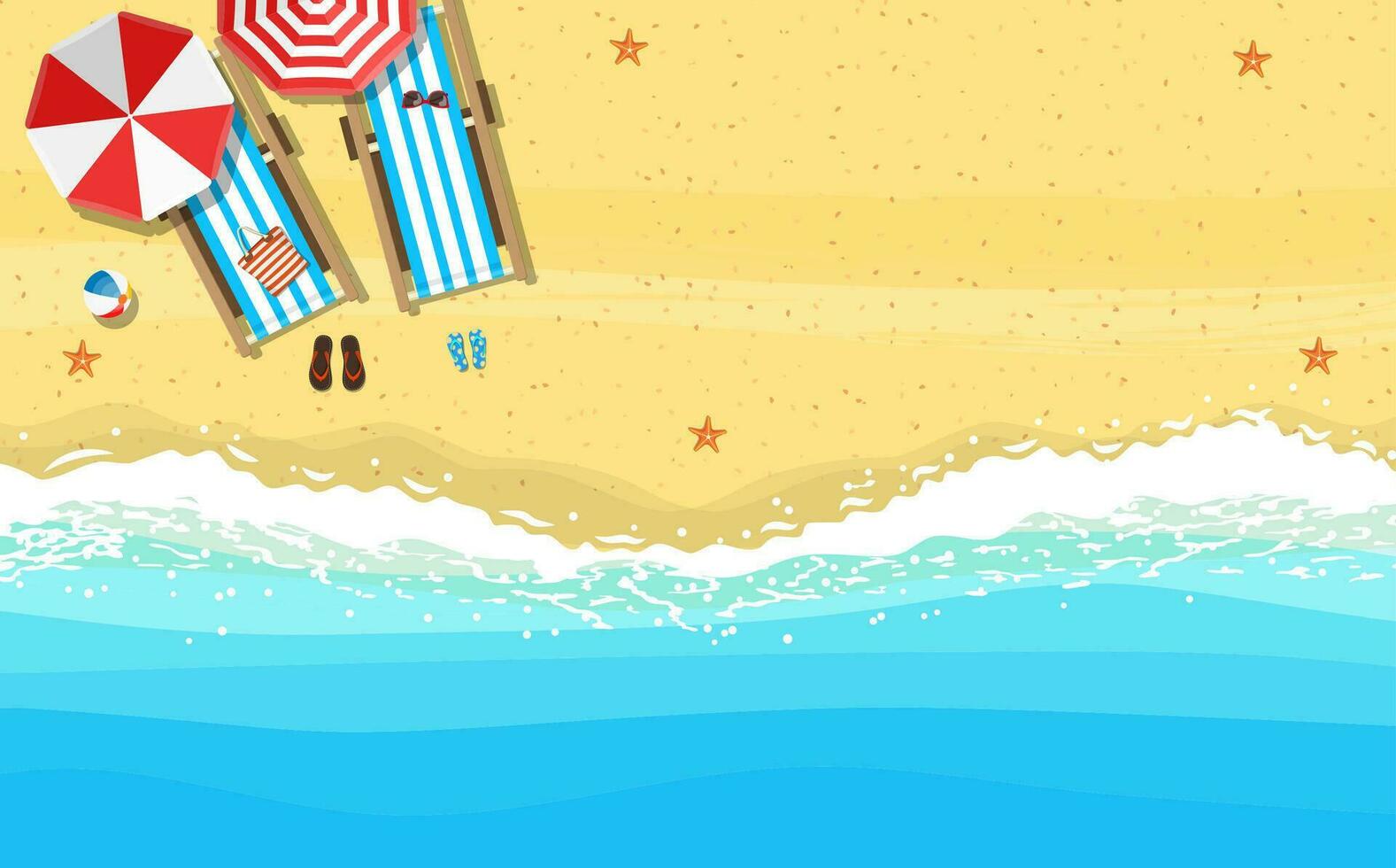 strand Sol paraplyer Flip flops och strand matta på de bakgrund av sand nära de hav surfa med sjöstjärna, topp se. vektor illustration i platt stil