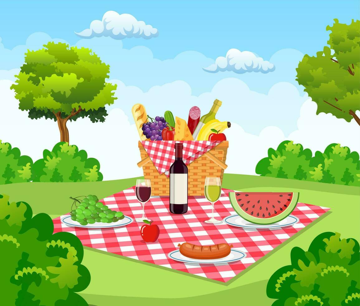 Sommer- Picknick Konzept mit Korb voll von Produkte. Vektor Illustration im eben Stil