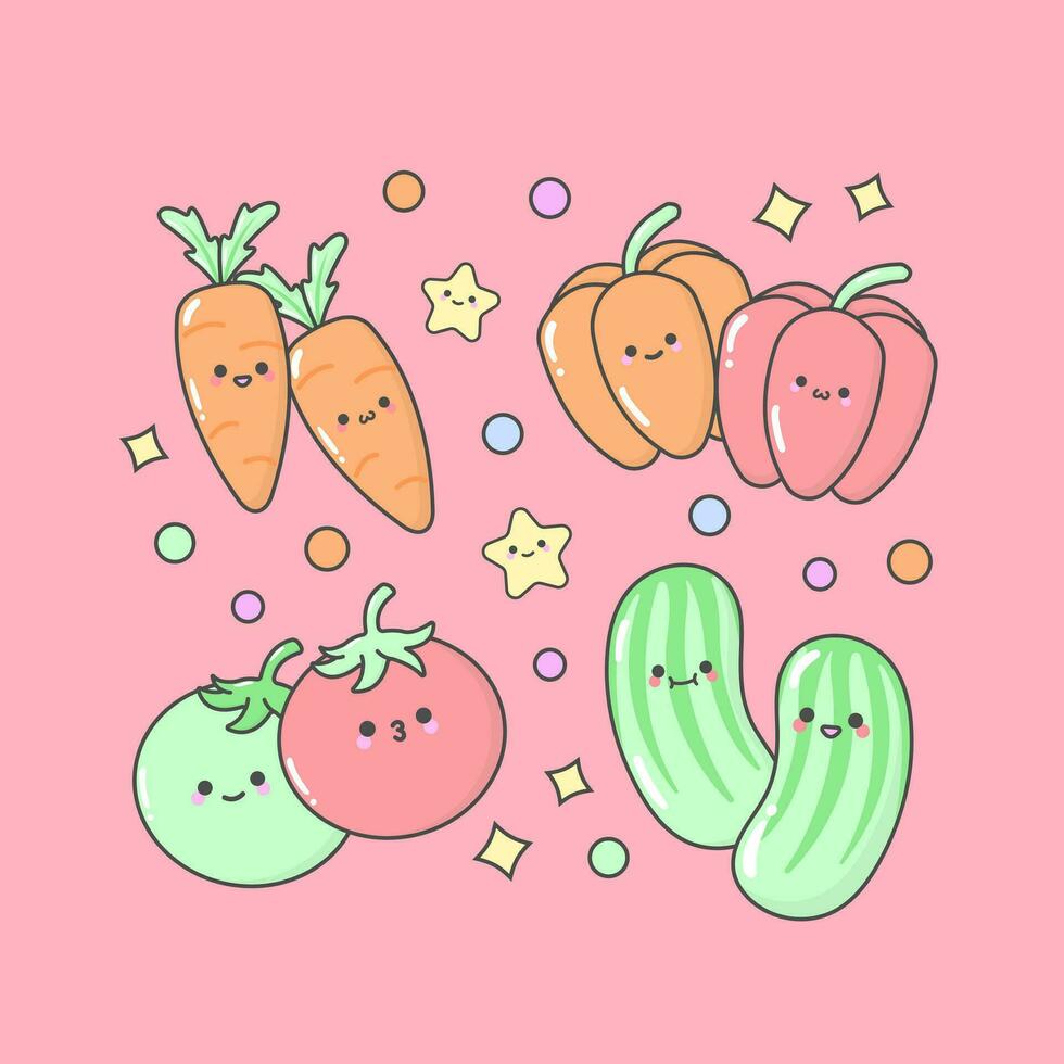 Vektor Gemüse Karotte Tomate Gurke Glocke Pfeffer mit süß Gesichts- Ausdrücke und Pastell- Farbe