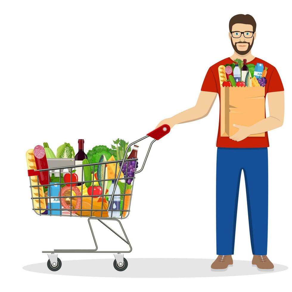 Mann Einkaufen im Supermarkt. Einkaufen Wagen. Mann halt Lebensmittelgeschäft Papier Einkaufen Tasche mit Lebensmittel. Vektor Illustration im eben Stil