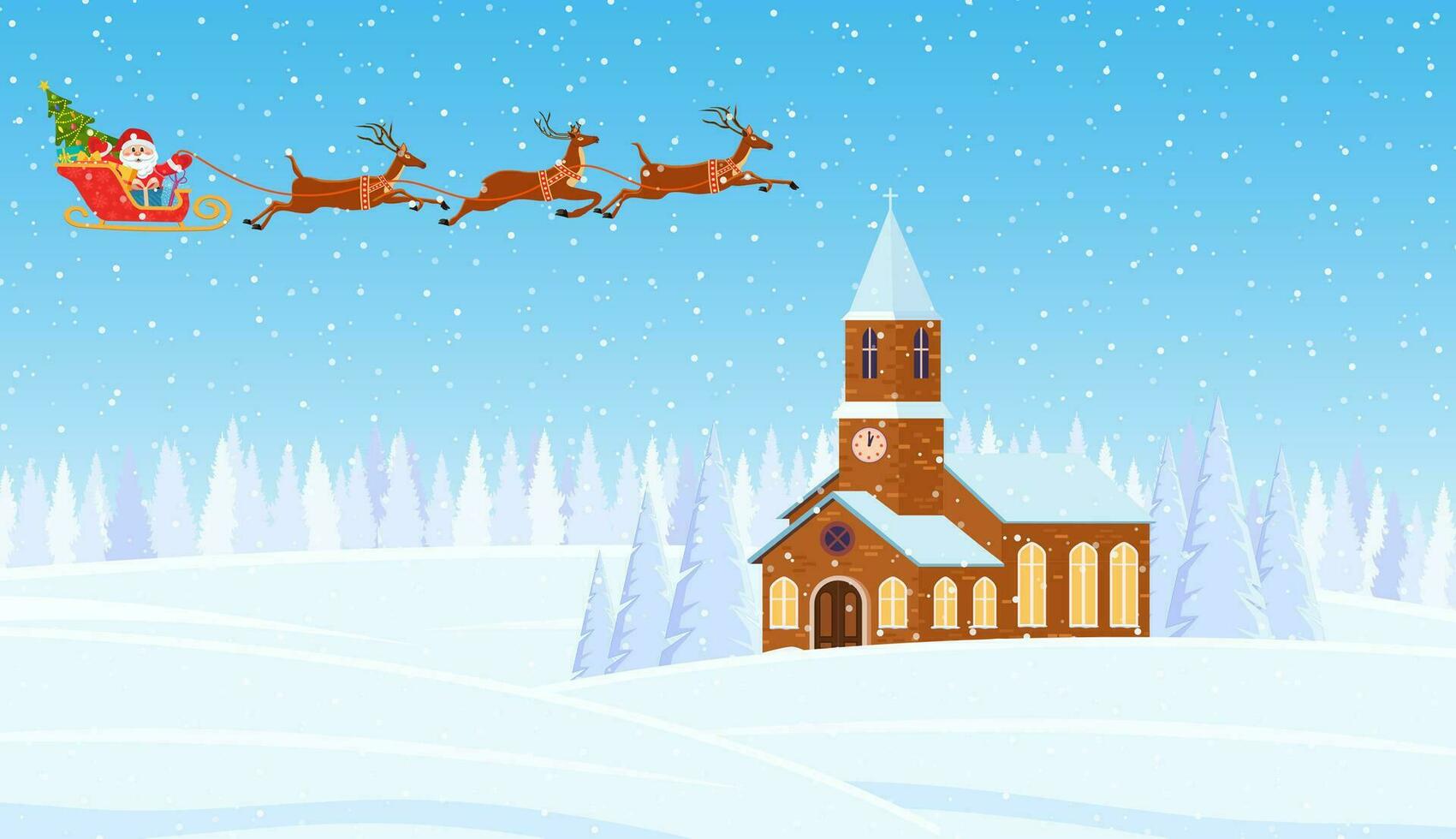 ein Haus im ein schneebedeckt Weihnachten Landschaft. Santa claus fliegend auf ein Schlitten. Konzept zum Gruß oder Post- Karte. fröhlich Weihnachten Urlaub. Neu Jahr und Weihnachten Feier vektor
