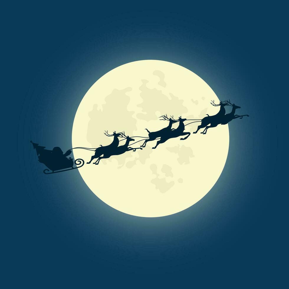 Silhouette Illustration von Santa claus Fahren seine Schlitten mit das Mond wie das Hintergrund. Vektor Illustration