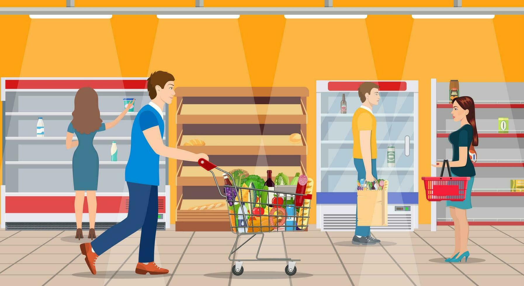 Kunden Menschen bying Produkte im Supermarkt. Lebensmittelgeschäft und Konsumismus Konzept. leeren Geschäft Regale. Vektor Illustration im eben Stil