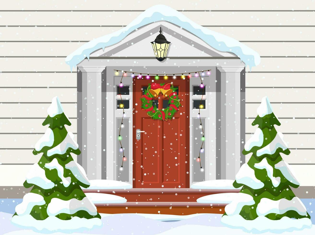 Eingang zu das Vorort- Haus dekoriert mit ein Weihnachten Kranz auf das Tür mit ein Girlande und Fichte. fröhlich Weihnachten Urlaub. Neu Jahr und Weihnachten Feier. Vektor Illustration eben Stil