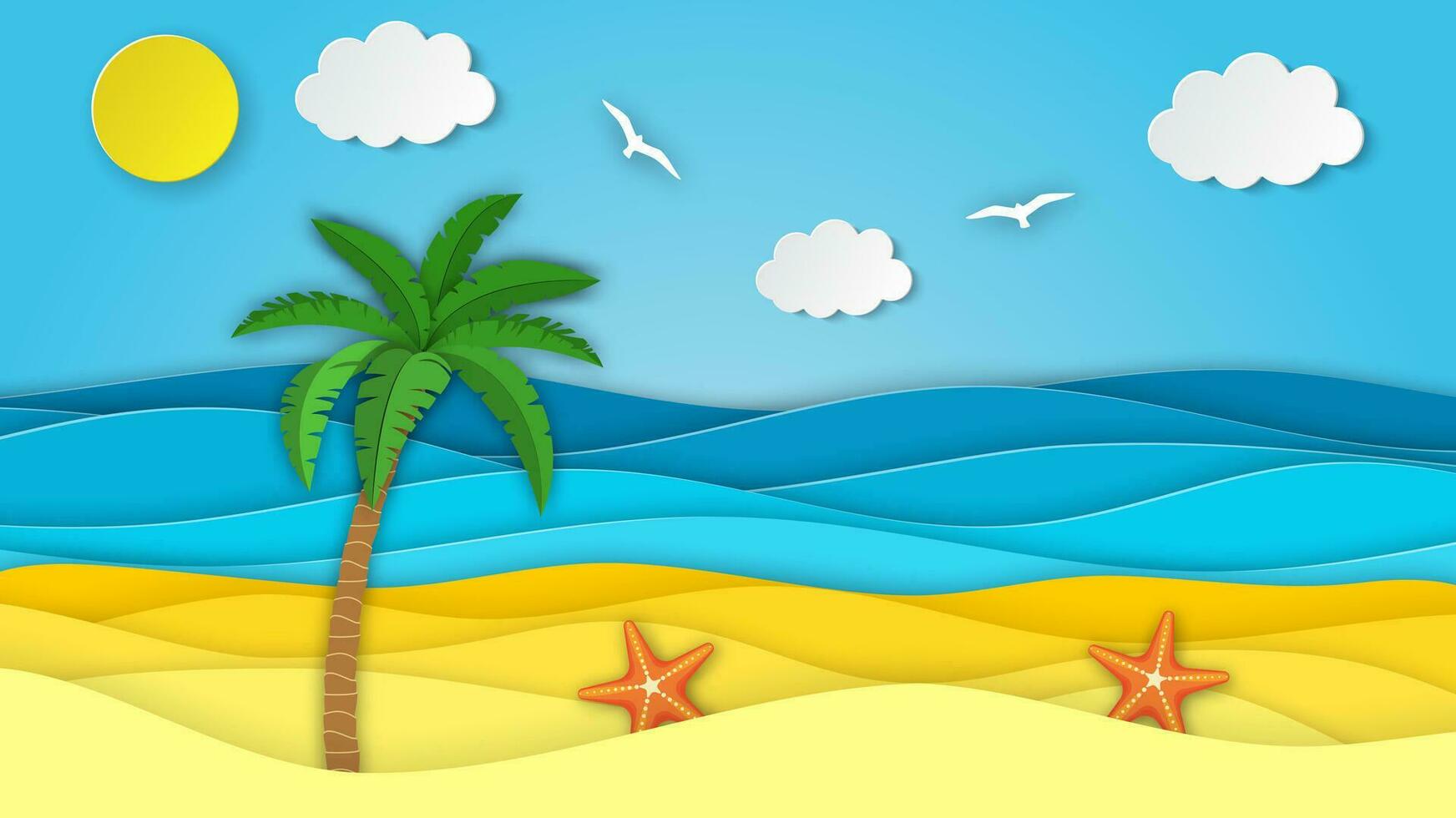 Meer Landschaft mit Strand, Wellen, Palme Wolken. Papier Schnitt aus Digital Kunst Stil. abstrakt Blau Meer und Strand Sommer- Hintergrund mit Papier Wellen und Küste. Vektor Illustration