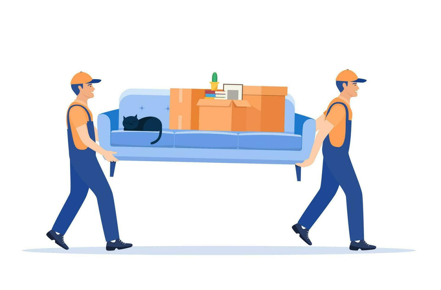 ziehen um Bedienung und Lieferung Unternehmen. Lieferung Charakter Mann Mover tragen Sofa mit groß Karton Karton Kasten. Lieferung und Umzug Bedienung Konzept. Vektor Illustration im eben Stil