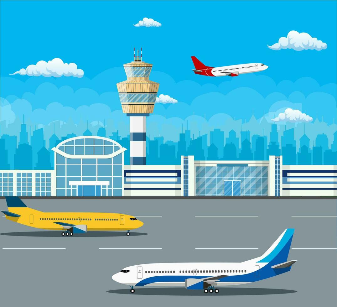 Flughafen Gebäude und Flugzeuge auf Runway. Steuerung Turm und Flugzeug auf das Hintergrund von das Stadt, Reise und Tourismus Konzept. Vektor Illustration im eben Stil.