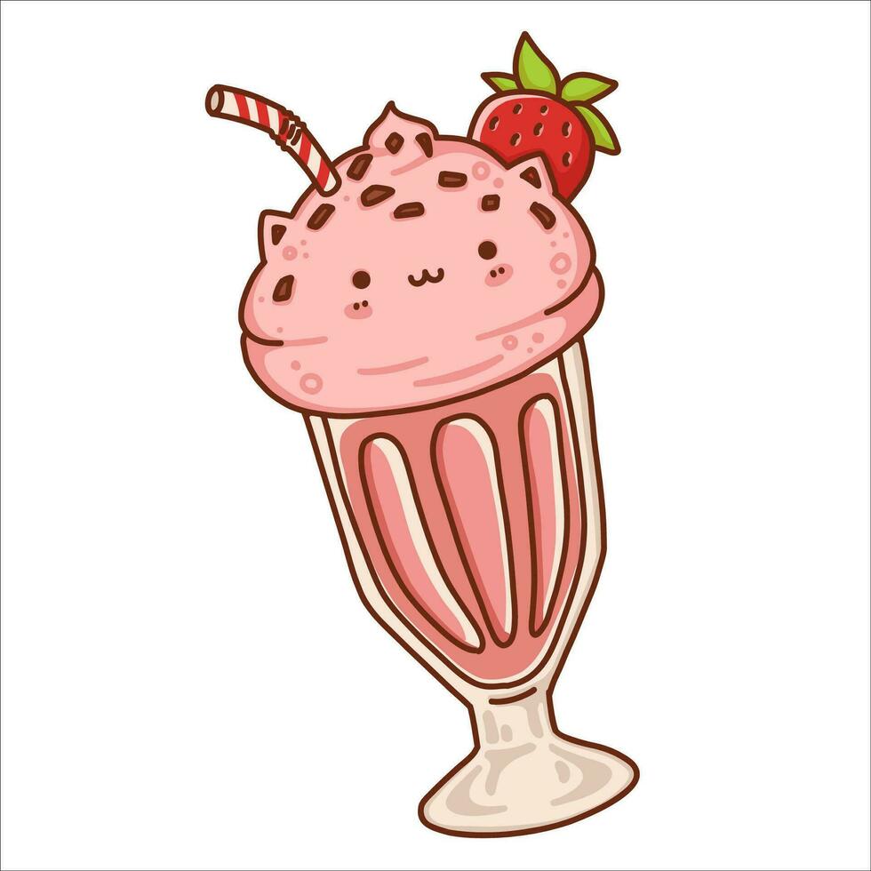 söt katt jordgubb milkshake mascot.cartoon vektor ikon illustration.djur och mat ikon begrepp isolerat på vit bakgrund.platt tecknad serie stil ClipArt för klistermärke, kort, t-shirt design, café logotyp