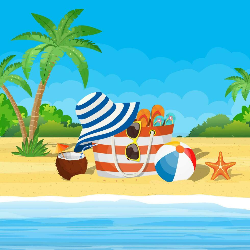 Kokosnuss mit kalt trinken, Alkohol Cocktail, Flip-Flops, Ball. Tasche, Sonnenbrille, Seestern. Landschaft von Palme Baum auf Strand. Ferien und Feiertage. Vektor Illustration eben Stil