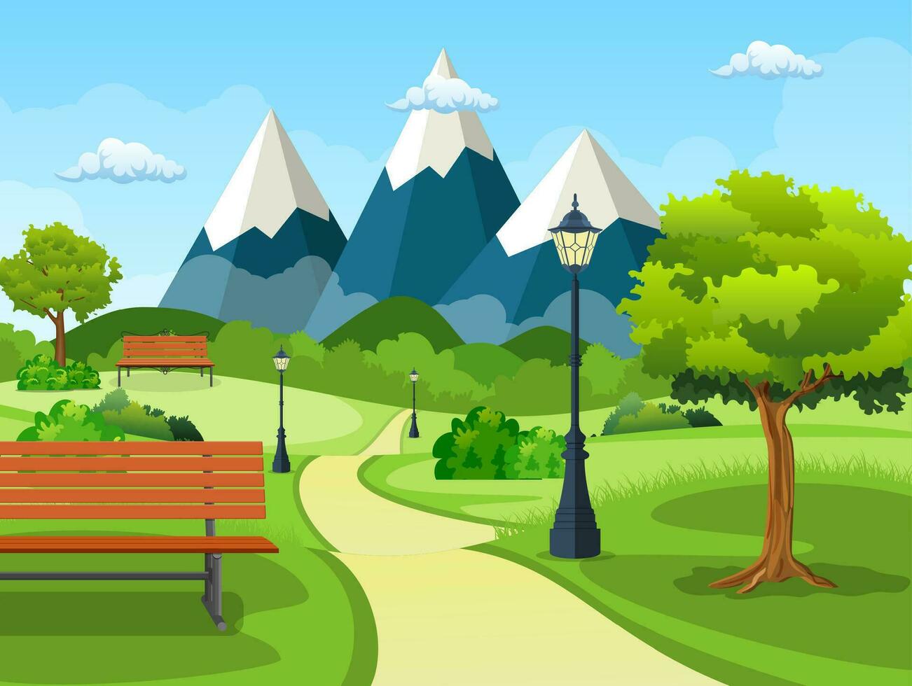 sommar, vår dag parkera. trä- bänk, gata lampa i parkera spår med frodig grön träd, buskar och bergen i de bakgrund. vektor illustration i platt stil