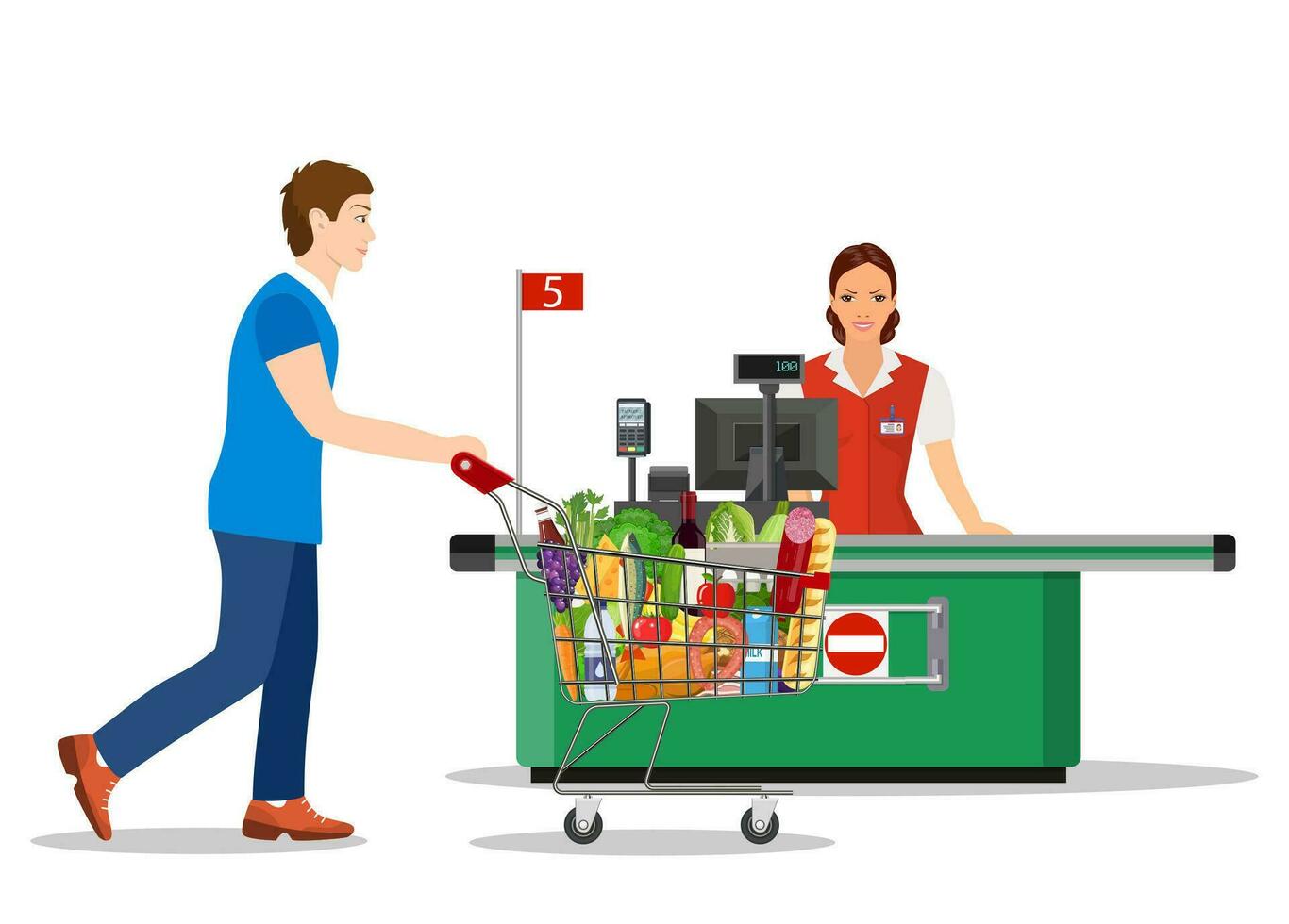 Menschen Einkaufen im Supermarkt. Frau Kassierer im Supermarkt. Kasse registrieren, Kassierer und Käufer mit Wagen. Vektor Illustration im eben Stil