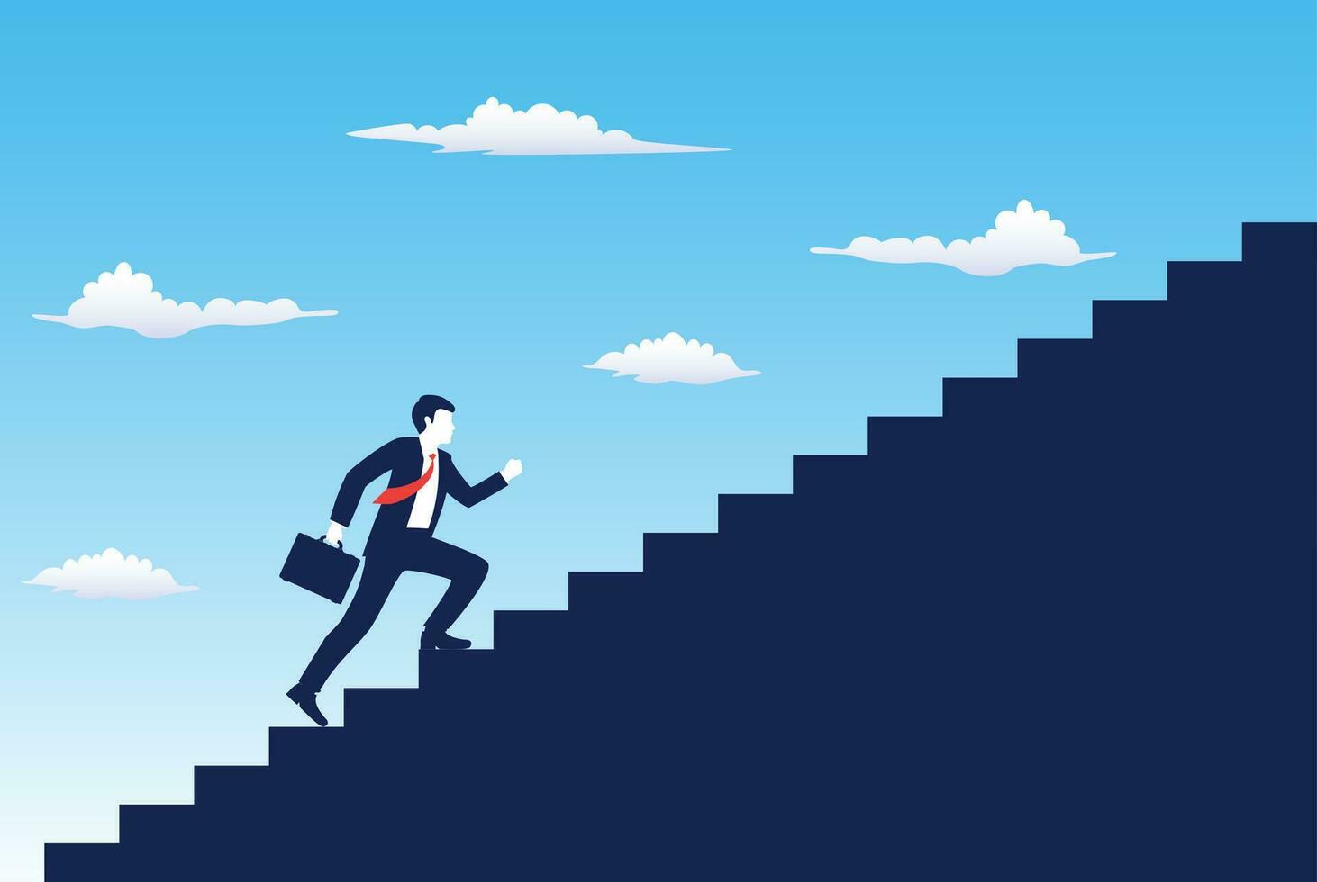 Geschäft Anfang Konzept. Geschäftsmann Laufen das Treppe oben zu Sein Erfolg. Vektor Illustration im eben Stil