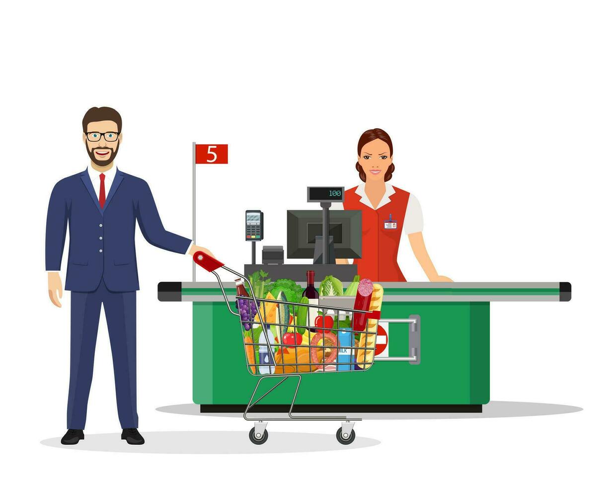 Menschen Einkaufen im Supermarkt. Frau Kassierer im Supermarkt. Kasse registrieren, Kassierer und Käufer mit Wagen. Vektor Illustration im eben Stil