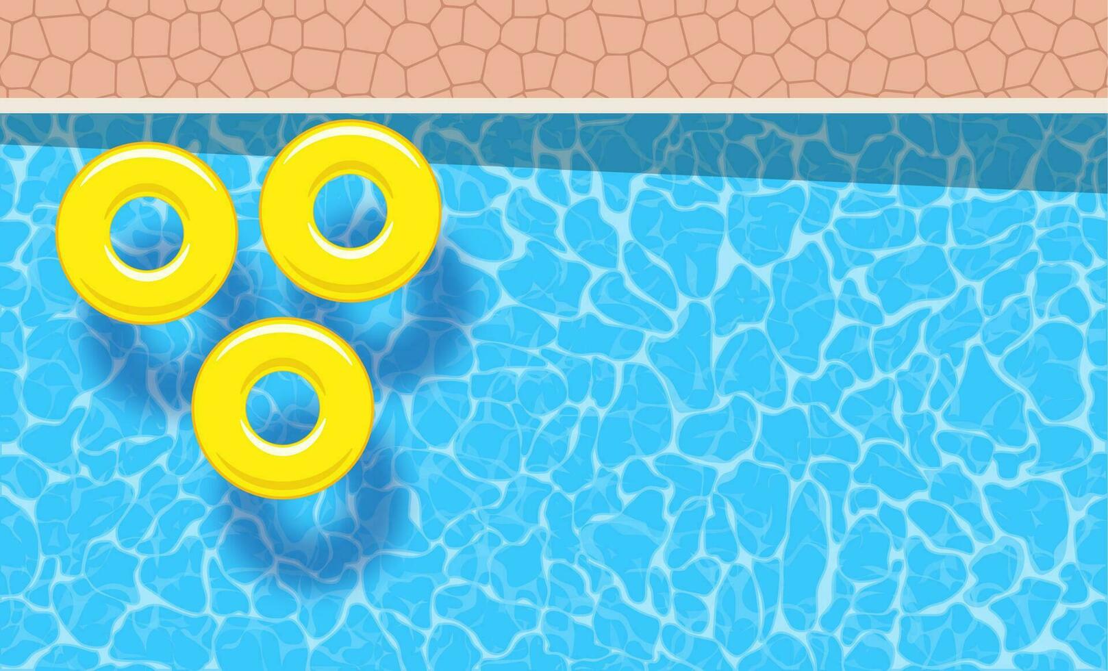 drei Gelb Schwimmbad Ringe schwebend im ein Schwimmen Schwimmbad. Poster Vorlage zum Sommer- Urlaub. Sommer- Schwimmbad Party Banner mit Raum zum Text. Vektor Illustration im eben Stil