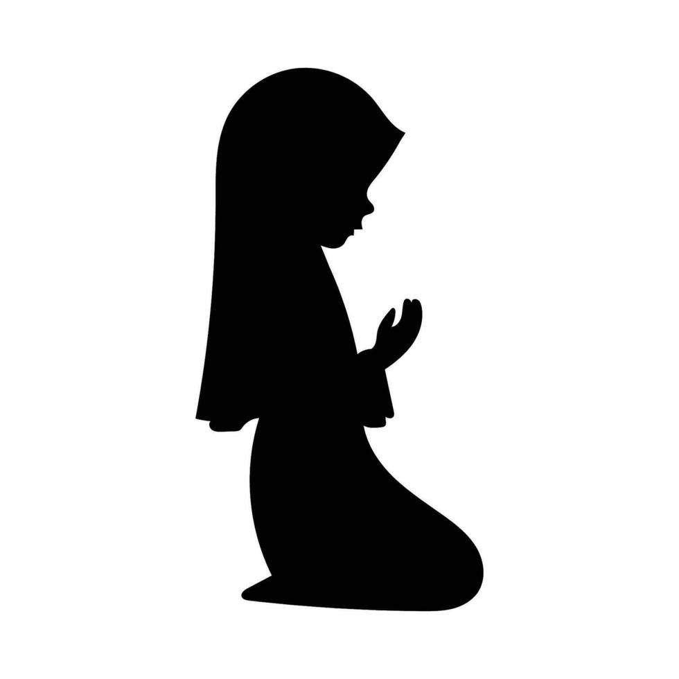 ein Silhouetten von feierlich Muslim Mädchen erziehen ihr Hände im Gebet, kniend und Verbeugung, Vektor Illustration
