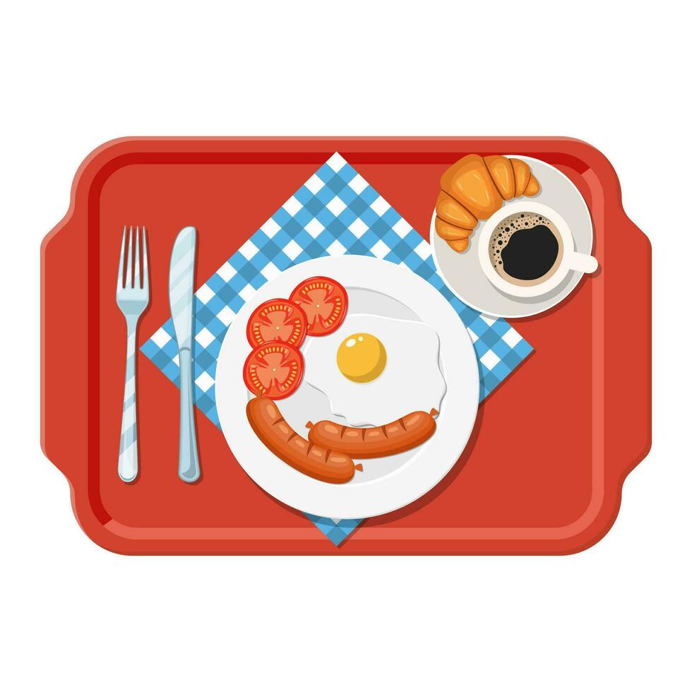 Plastik Tablett. Frühstück Konzept. appetitlich köstlich Frühstück von Kaffee, gebraten Ei mit Wurst, Croissant. Vektor Illustration im eben Stil