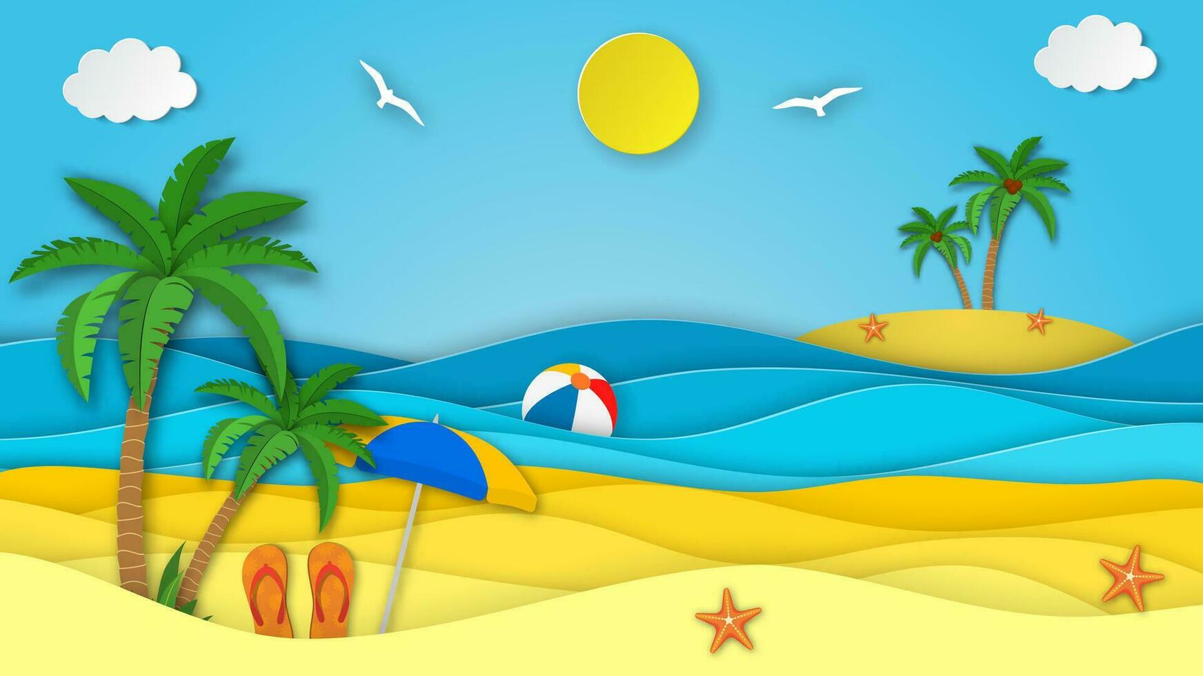 Meer Landschaft mit Strand, Wellen, Wolken, Flip Flops Schuh. Papier Schnitt aus Digital Kunst Stil. abstrakt Blau Meer und Strand Sommer- Hintergrund mit Papier Wellen und Küste. Vektor Illustration