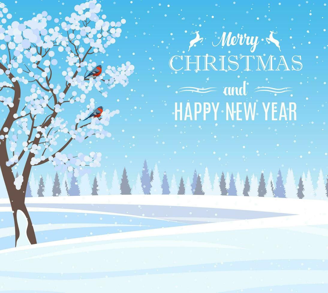 jul landskap bakgrund med snö och träd. glad jul Semester. ny år och xmas firande. vektor illustration i platt stil