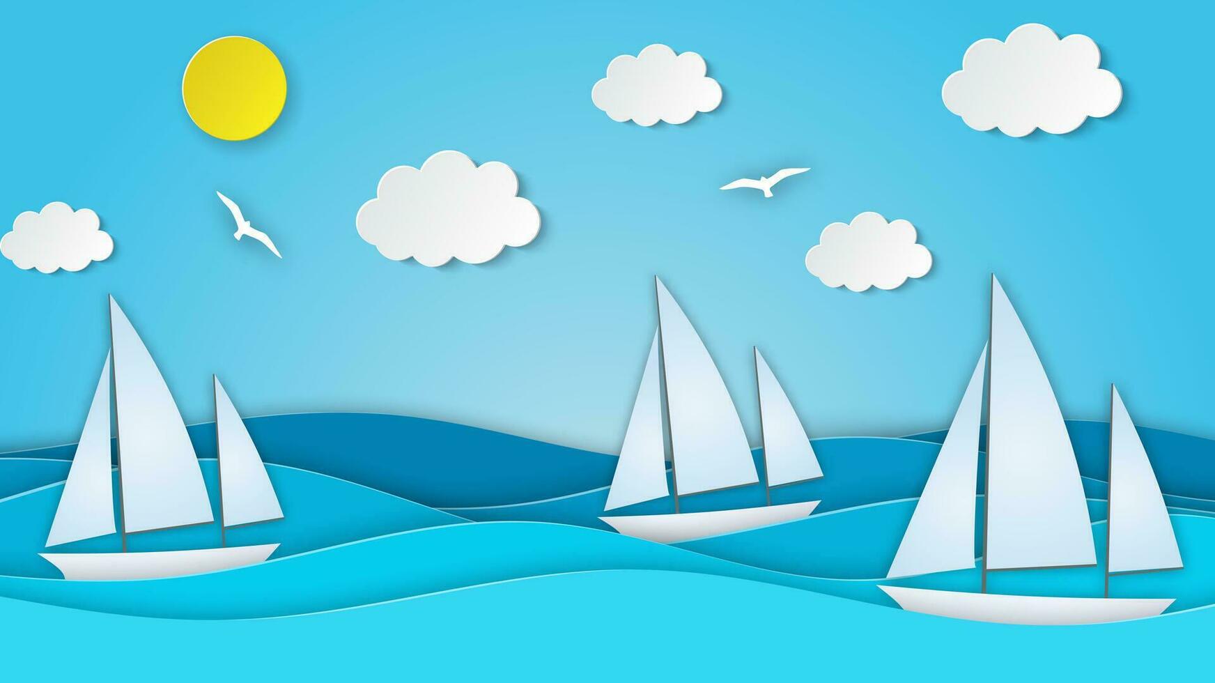 segelbåt i de hav. Sol, moln. papper skära illustration för reklam, resa, turism, kryssningar, resa byrå vektor illustration