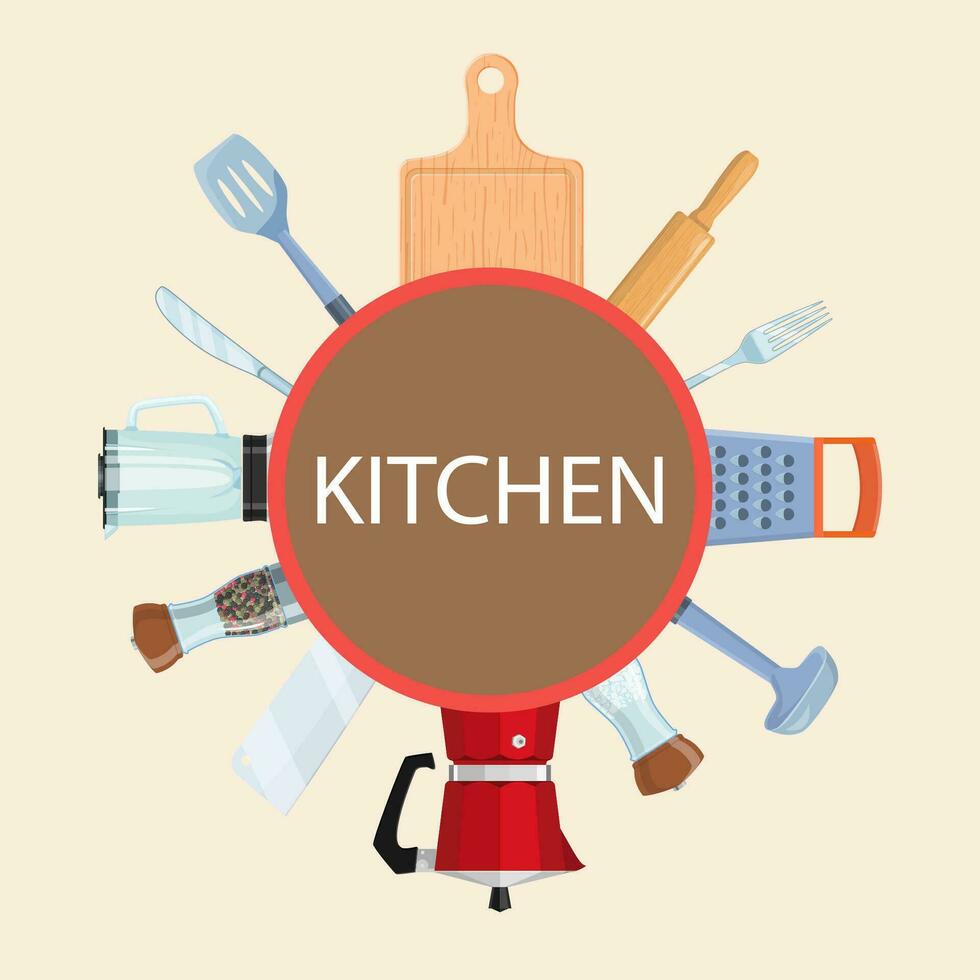 kök begrepp för webb design. kök leveranser uppsättning. restaurang meny, köksutrustning element. vektor illustration i platt stil.
