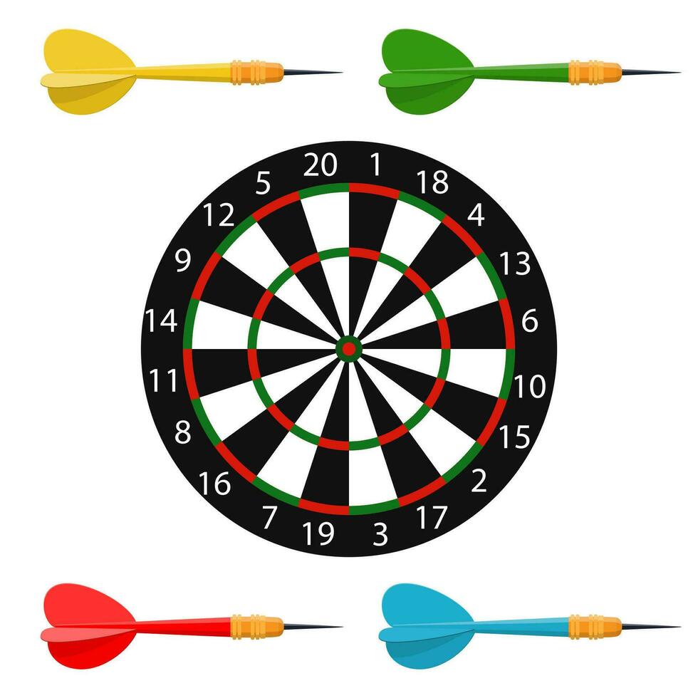 klassisch Pfeil Tafel Ziel und Darts Pfeil isoliert auf Weiß Hintergrund. Vektor Illustration im eben Stil