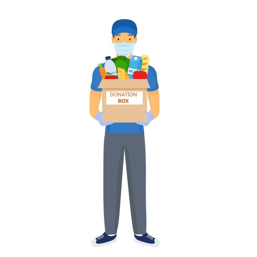 Mann trägt ein Box von Lebensmittel. Sozial Pflege, Freiwilligenarbeit und Nächstenliebe Konzept. Lieferung von gespendet Essen Zuhause durch Bedienung Freiwillige. Vektor Illustration im eben Stil.