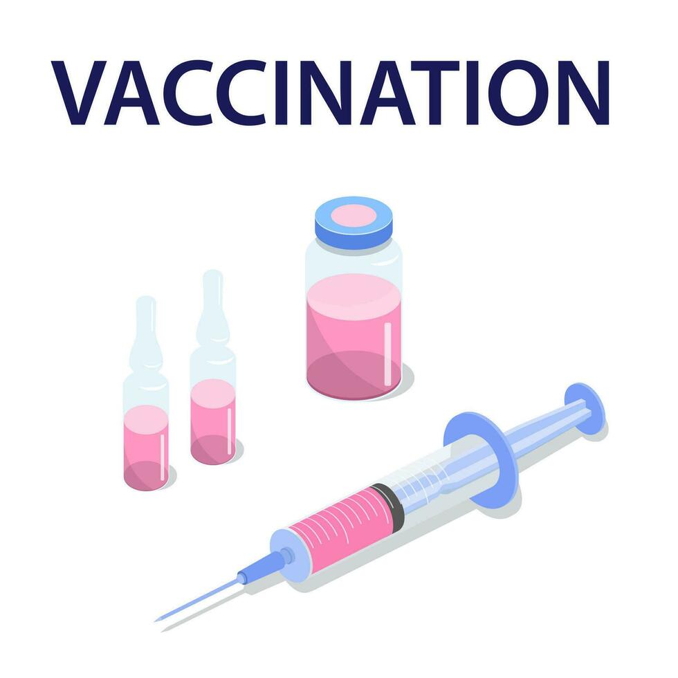 vaccination begrepp affisch.ampuller och spruta med läkemedel isometrisk ikon. vektor medicinsk illustration i platt stil