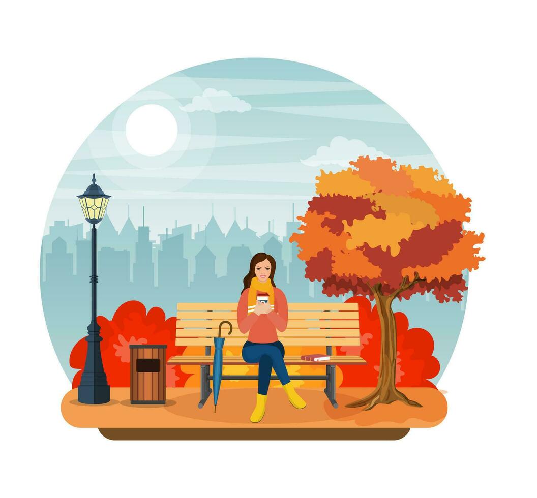 Lycklig flicka Sammanträde på en bänk med en kopp av kaffe, under en träd med faller löv i en parkera. skön höst stad parkera med bänk. vektor illustration i platt stil