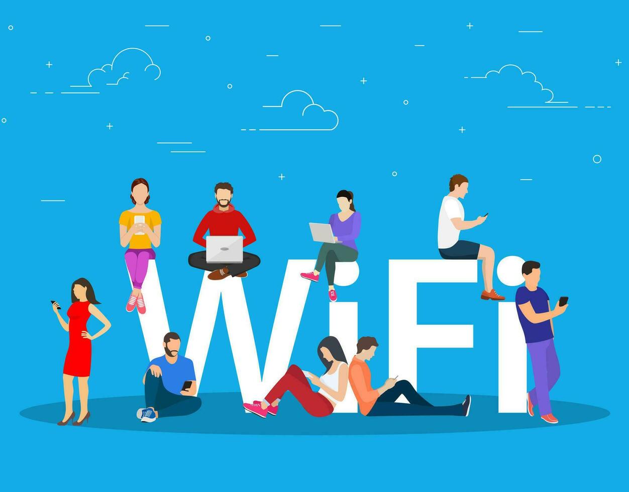 wi fi jätte brev och människor. grupp av Lycklig olika män njut av fri område för datorer, smartphones, enheter. fri wiFi hotspot, offentlig bedöma zon. vektor illustration i platt stil.