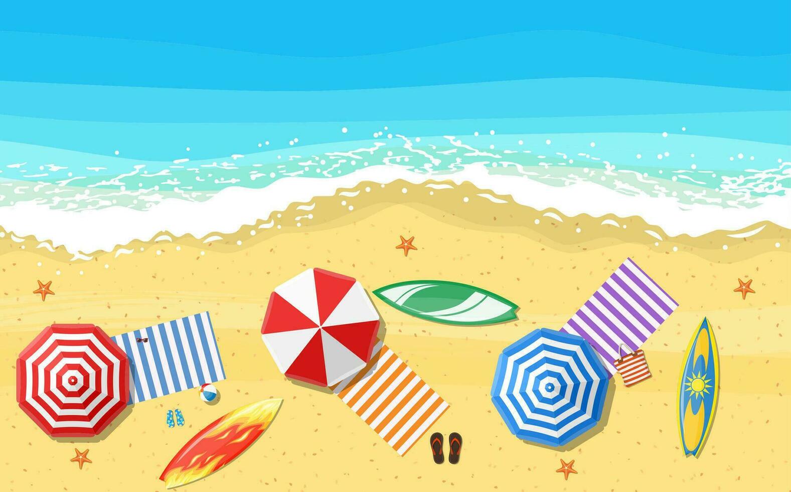 Strand Sonne Regenschirme Flip Flops und Strand Matte auf das Hintergrund von Sand in der Nähe von das Meer Surfen mit Seestern, oben Sicht. Vektor Illustration im eben Stil