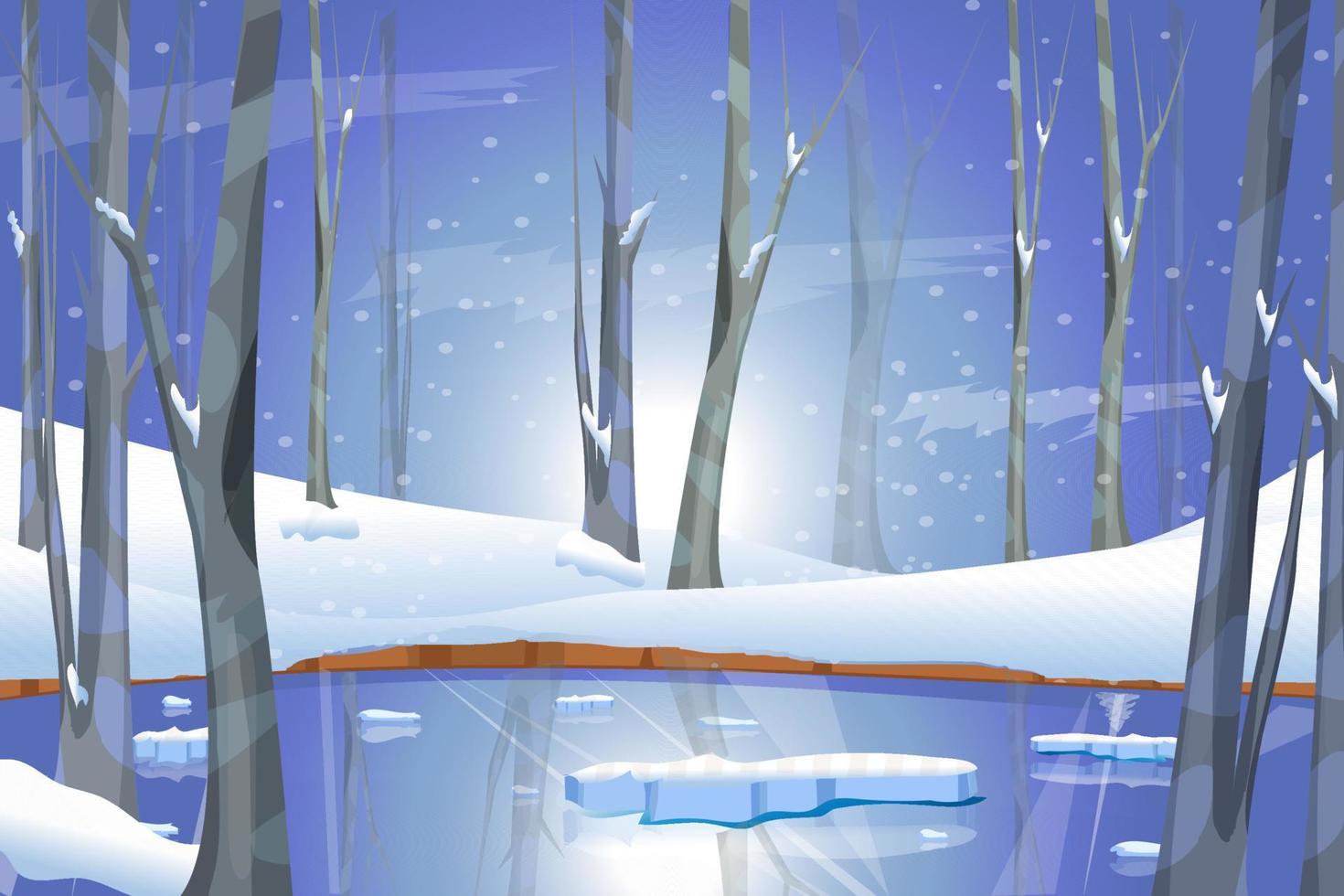 vinterlandskap med sjö i skogen juletid vit snö och träd vektor