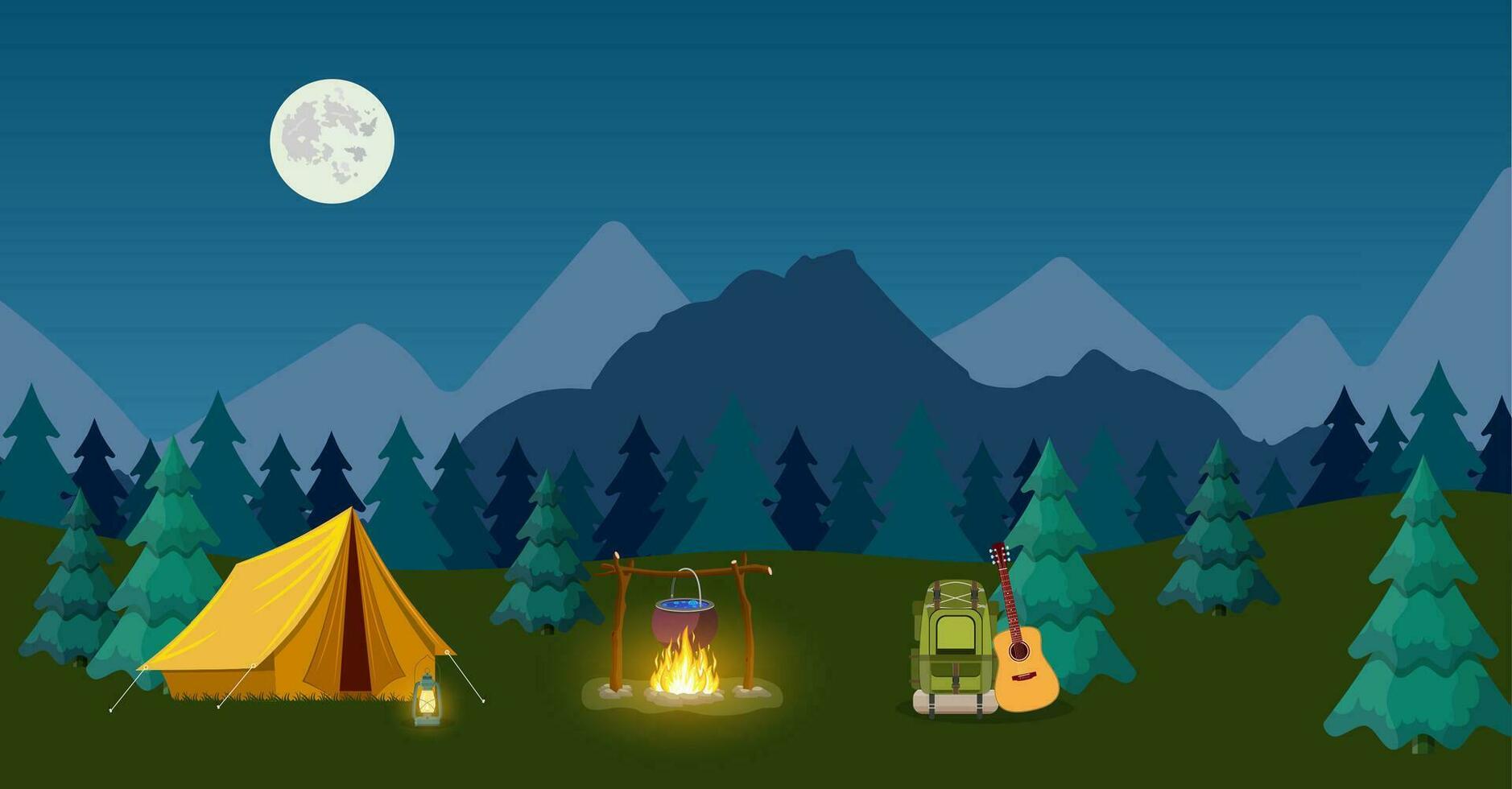 camping och berg läger. för webb banderoller eller PR material. vektor illustration i platt stil