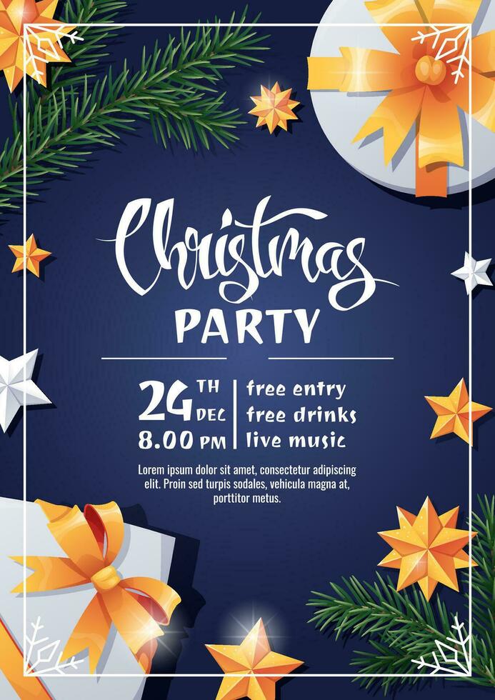 Weihnachten Party Einladung Vorlage Design. Flyer, Poster mit Geschenk Kasten, Tanne Ast und Sterne. fröhlich Weihnachten und glücklich Neu Jahr vektor